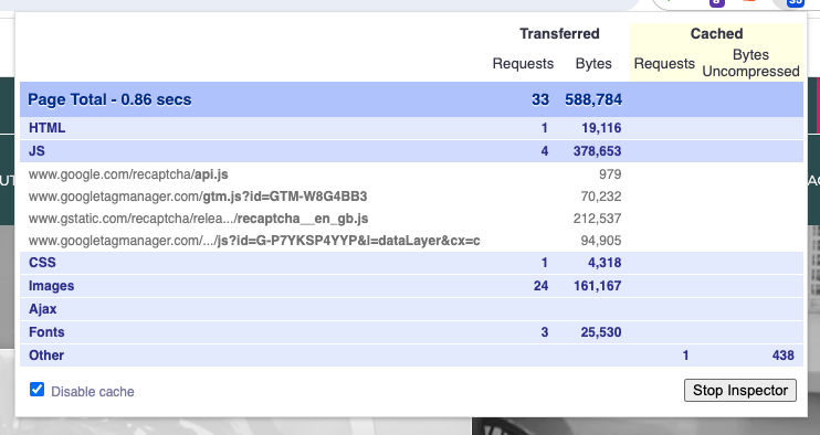 image showing size of code for GTM and recaptcha