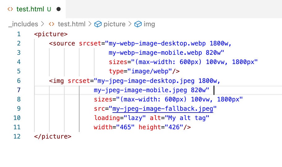 picture tag with srcset and source for webp